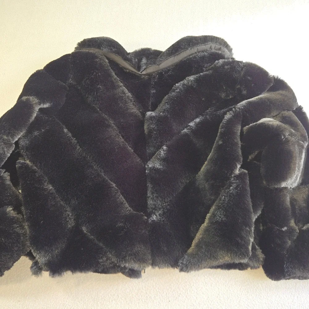 Sofia Jeans Faux Fur Jacket Womens 3X Black Chevron Zip Up Glam Plush Coat
